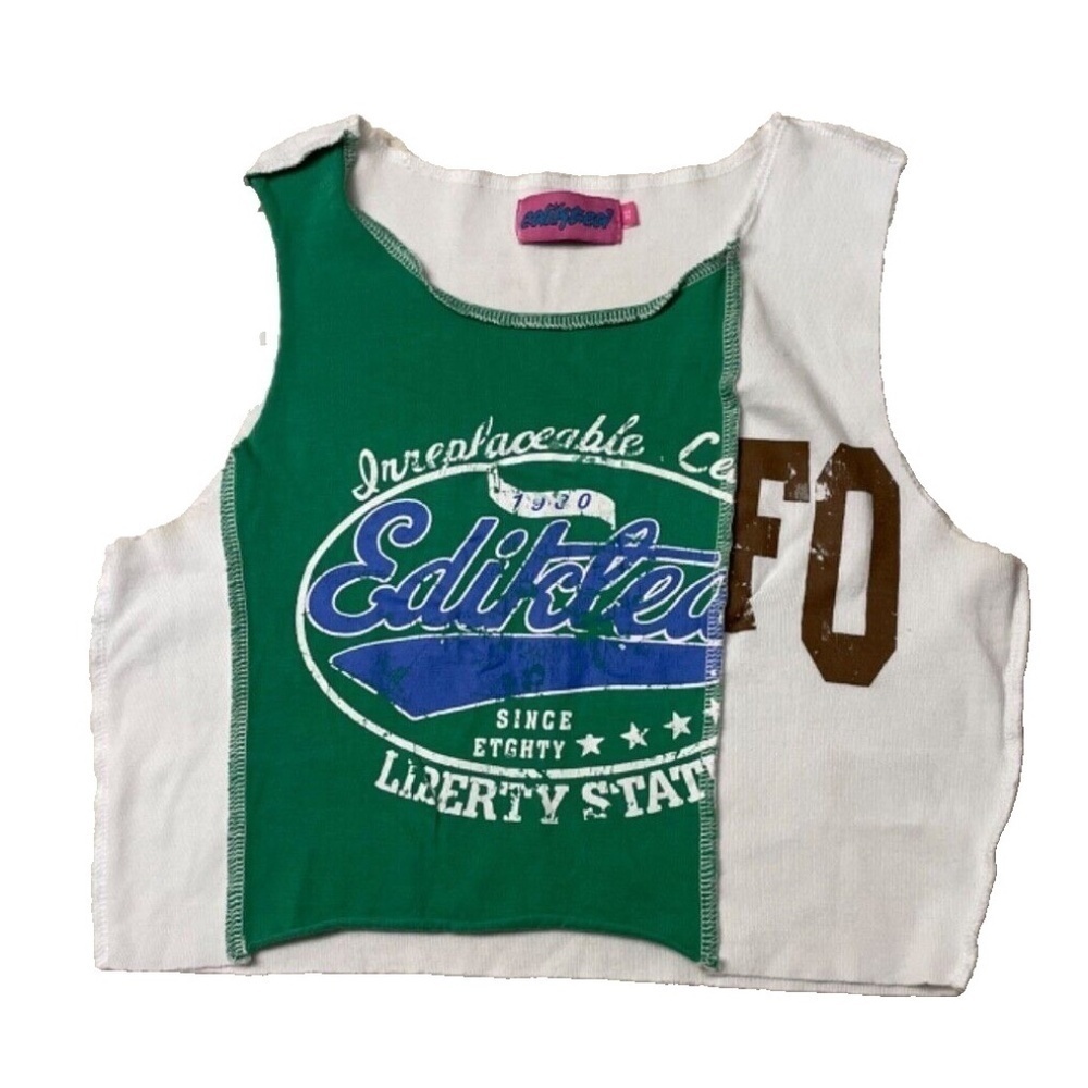 Edikted Womens Sleeveless Cropped Patchwork Tank Top; Green/White;‎ XS